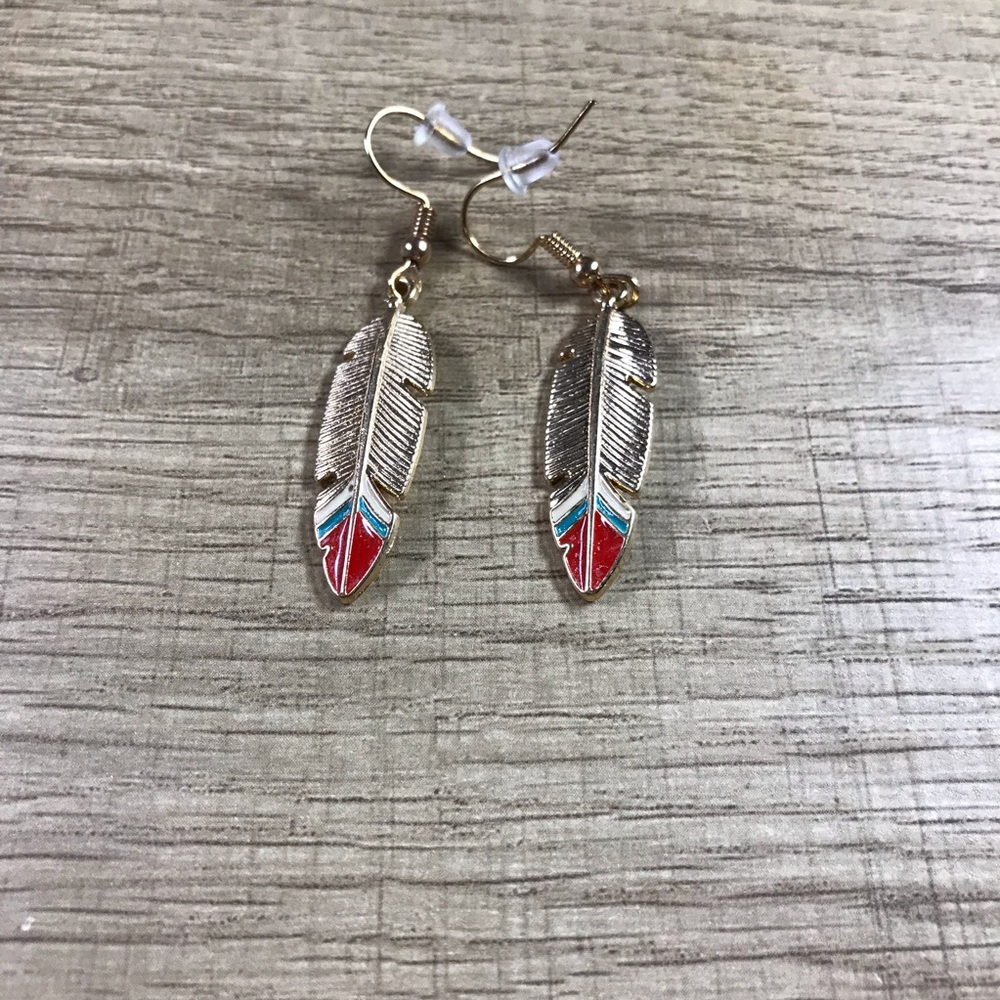 Bohemian Gold Feather Design Red and Blue Earrings